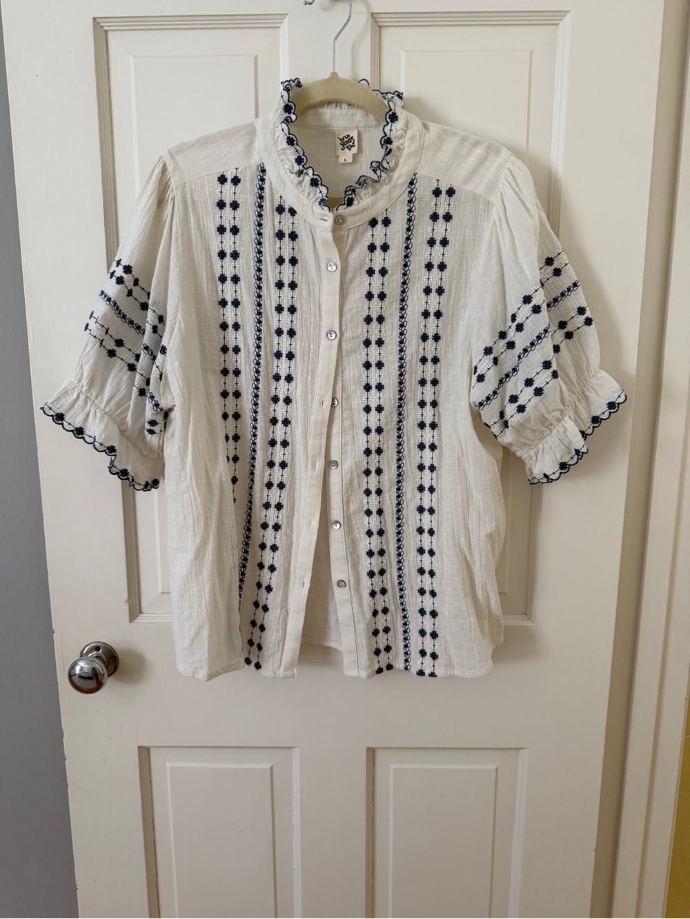 ivy jane Cream Button-Front Blouse with Navy Embroidery
